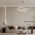 Modern Living and Dining Room with Beige Sofa Spiral Pendant Light in Neutral Tones