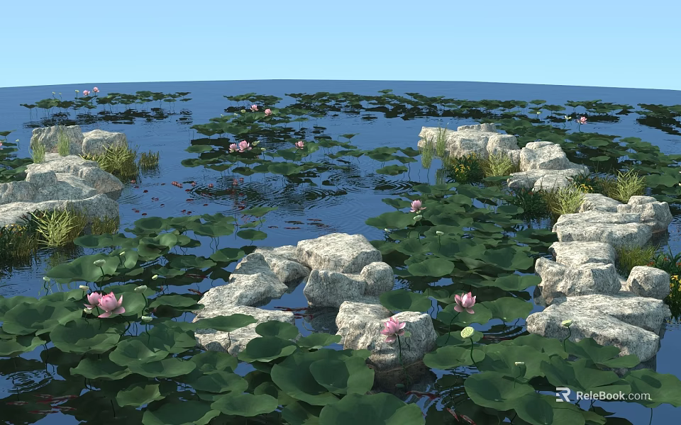 Tranquil Garden Landscape with Lotus Leaves Pink Flowers Stone Path and Water 3d model 