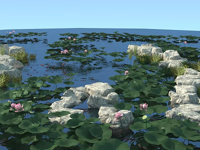 Tranquil Garden Landscape with Lotus Leaves Pink Flowers Stone Path and Water 3d model