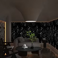 Private Box Interior With Dark Furniture Sofa Chairs Round Coffee Table And Starry Sky Backdrop
