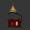 Vintage Gramophone With Flower Shaped Golden Horn Red Wooden Base And Pink Vinyl Record