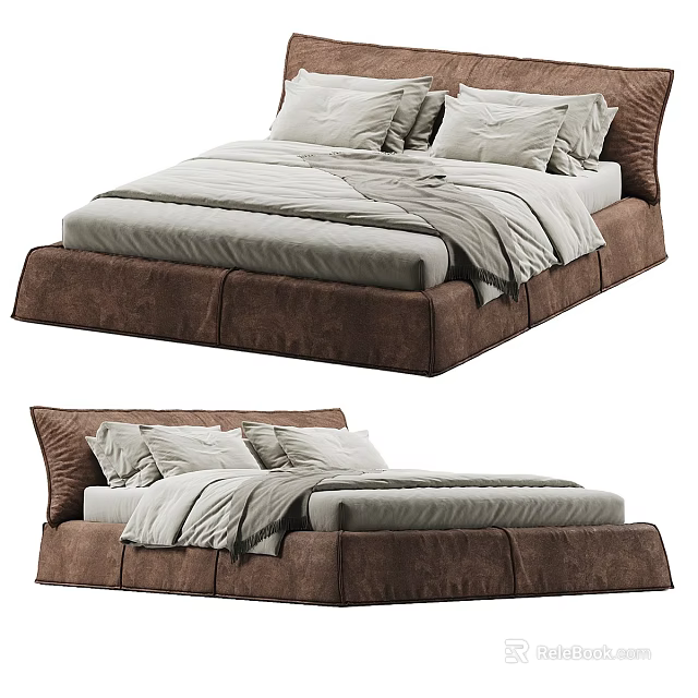 Modern Upholstered Brown Double Bed With Light Colored Sheets And Plush Pillows 3d model