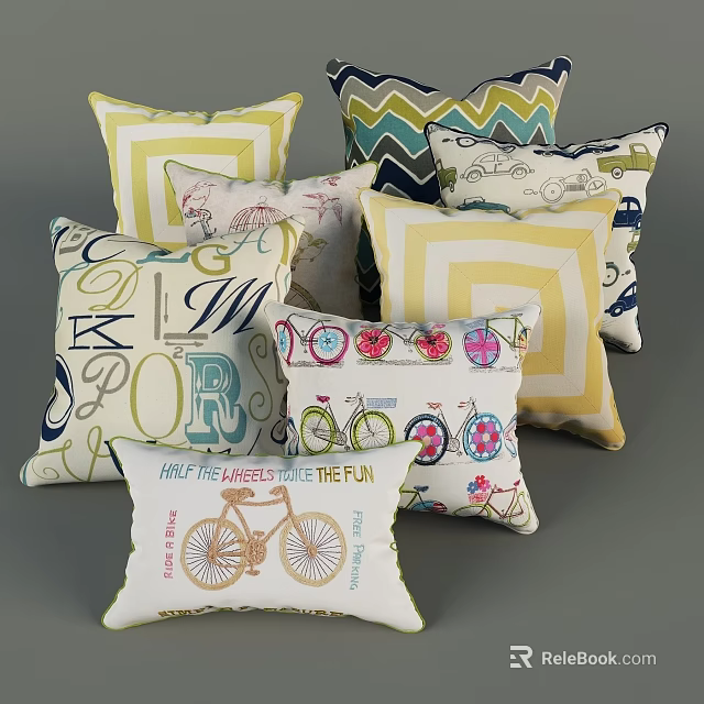 Colorful Decorative Pillows With Various Patterns Including Bikes Letters And Hearts 3d model
