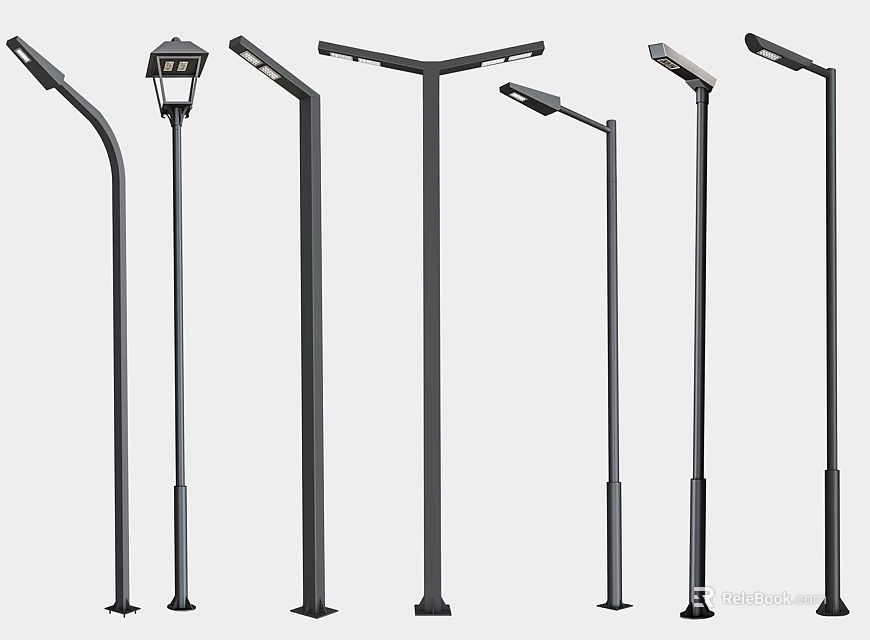 Outdoor Lights With Various Design Lamp Posts And Different Light Heads 3d model 