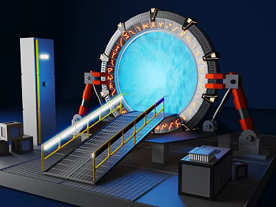 Futuristic Circular Portal Device With Staircase Railing Blue Glowing Center And Control Panels 3d model