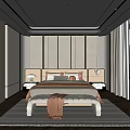 Modern Luxury Bedroom Interior with Tufted Headboard Bench on Area Rug by Floor to Ceiling Window