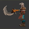 Red Skinned Horned Man Wearing Blue Pants Brown Boots With Shoulder Armor And Axe