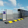 Electric Retractable Gate With Control Box Purple Display And Yellow Black Warning Strips 3d model