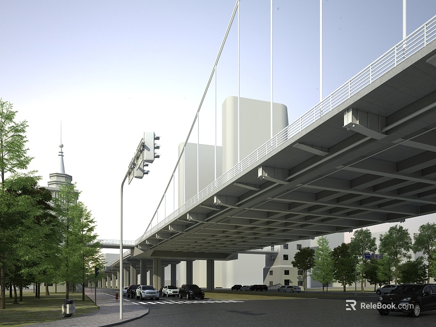 Modern Cable Stayed Bridge Over Urban Road With Vehicles Trees Buildings And Tower 3d model 