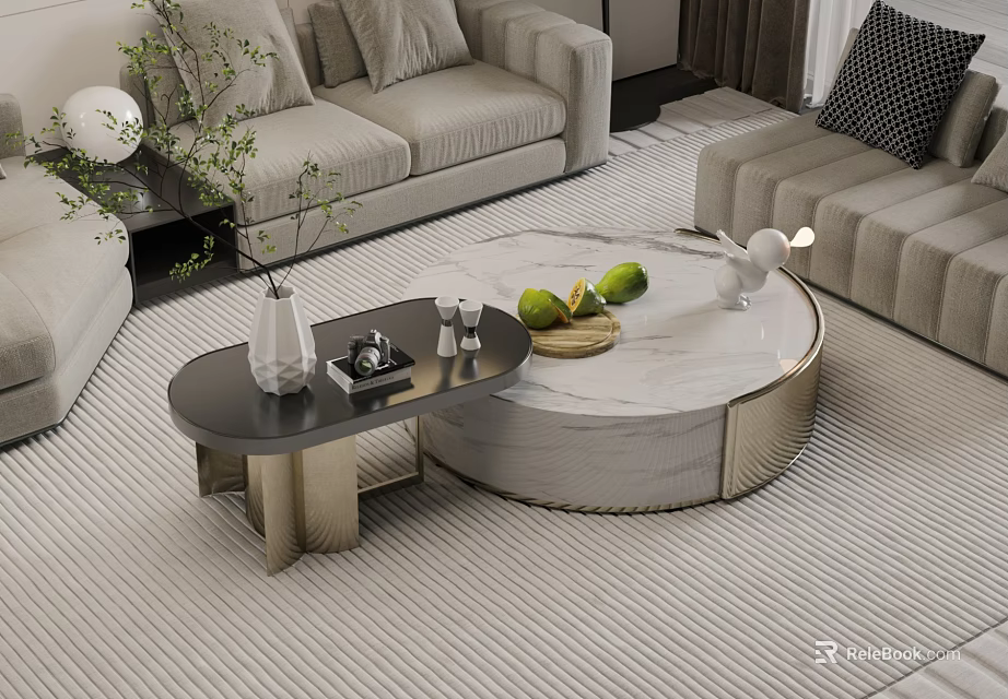Elegant Modern Coffee Table With Marble Top Gold Frame And Decorative Items 3d model