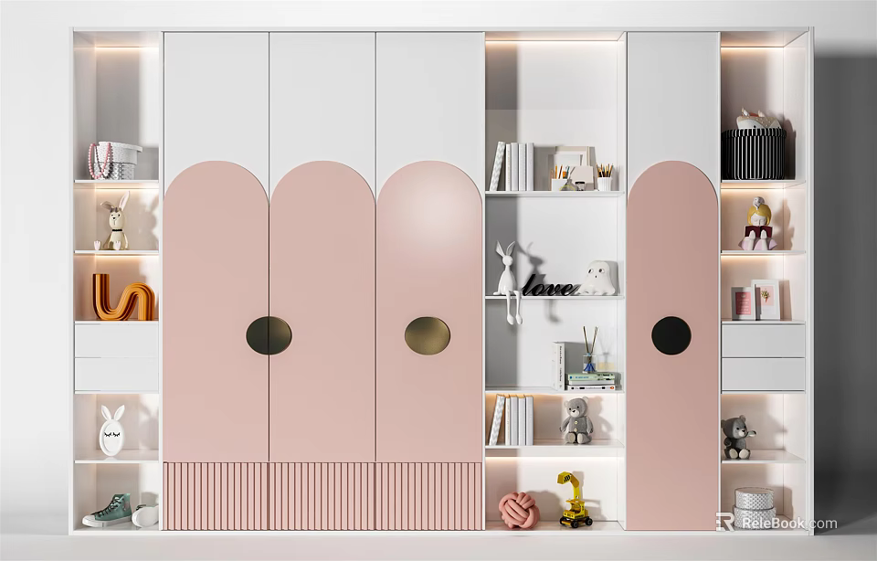 Modern Pink and White Wardrobe with Curved Doors Circular Metal Accents Open Shelves and Decorative Figurines 3d model 