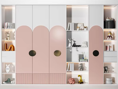 Modern Pink and White Wardrobe with Curved Doors Circular Metal Accents Open Shelves and Decorative Figurines 3d model