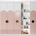 Modern Pink and White Wardrobe with Curved Doors Circular Metal Accents Open Shelves and Decorative Figurines