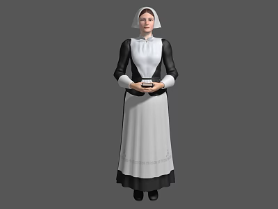 Woman Wearing Traditional Black And White Maid Costume Holding Tray With Apron And Headscarf 3d model