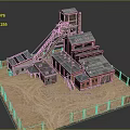 Cartoon Mining Scene With Red Building Green Crane Gray Roof And Wooden Fence