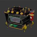Gas Stove With Multiple Burners Yellow Knobs Black Yellow Body Green Bottles And Fire Extinguisher