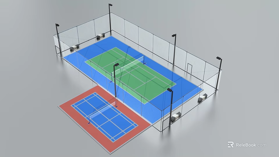 Multi Sport Fitness Court with Green Blue Red Surfaces Fencing and Lighting Poles 3d model 