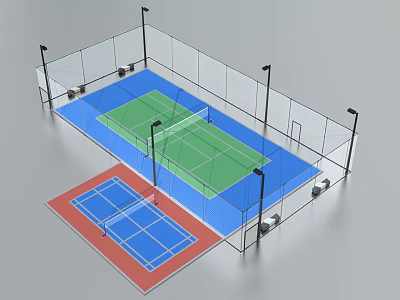 Multi Sport Fitness Court with Green Blue Red Surfaces Fencing and Lighting Poles 3d model