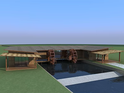 Rustic Wooden Homestay Building With Spacious Roof Over Water Pool And Green Lawn 3d model