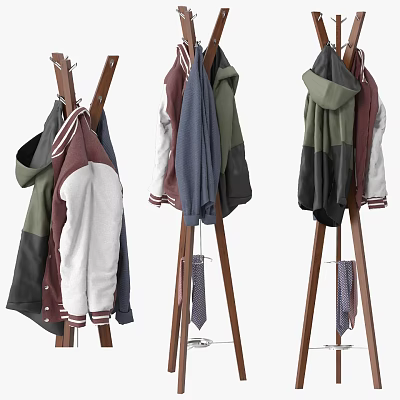 Three Stylish Wooden Coat Racks with Hanging Jackets and Ties for Home Use 3d model