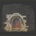 Historic Stone Built Arched Entry Gate Featuring Dark Red Wooden Door And Stone Masonry