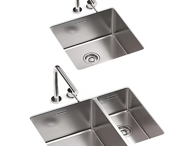 Stainless Steel Kitchen Sink With Single And Double Bowl Designs And Faucet 3d model