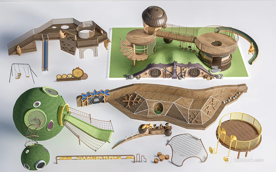 Wooden Children's Playground Structures With Slides Climbing Nets Spiral Stairs And Circular Platforms 3d model 