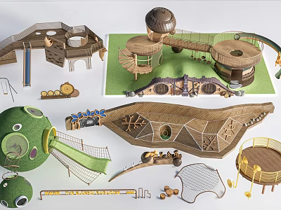 Wooden Children's Playground Structures With Slides Climbing Nets Spiral Stairs And Circular Platforms 3d model