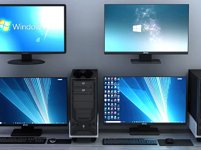 Multiple Desktop Computers With Monitors Windows OS Towers Keyboards And Mice Setup 3d model