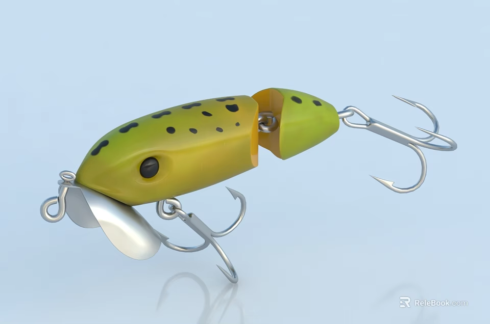 Yellow Fishing Lure With Black Spots Metal Hooks And Rotating Blade 3d model 