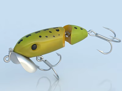 Yellow Fishing Lure With Black Spots Metal Hooks And Rotating Blade 3d model