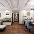 Elegant Living Dining Room Interior With Chandelier Large Windows Sea View And Decorative Paintings