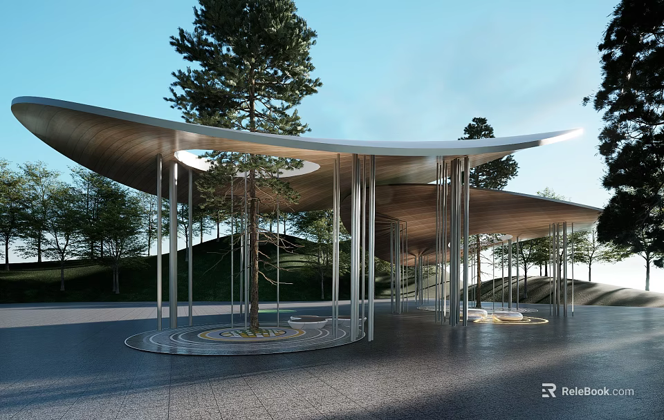 Modern Pergola With Curved Roof Metal Pillars And Trees In Outdoor Park Setting 3d model 