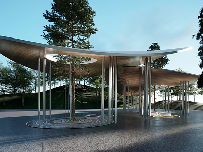 Modern Pergola With Curved Roof Metal Pillars And Trees In Outdoor Park Setting 3d model