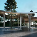 Modern Pergola With Curved Roof Metal Pillars And Trees In Outdoor Park Setting