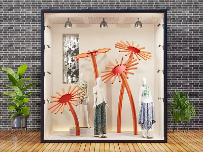 Stylish Retail Window Display With Orange Flower Decorations Mannequins And Clothing 3d model
