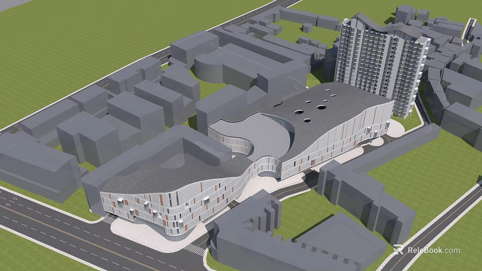 Contemporary Commercial Street Featuring Unique Curved Roof Design And Urban Buildings 3d model 