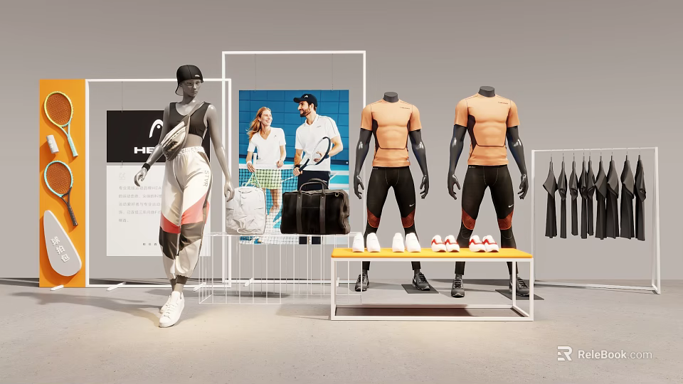 Sports Apparel Display Area With Mannequins Athletic Wear Shoes And Sports Poster 3d model 