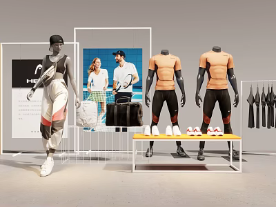 Sports Apparel Display Area With Mannequins Athletic Wear Shoes And Sports Poster 3d model