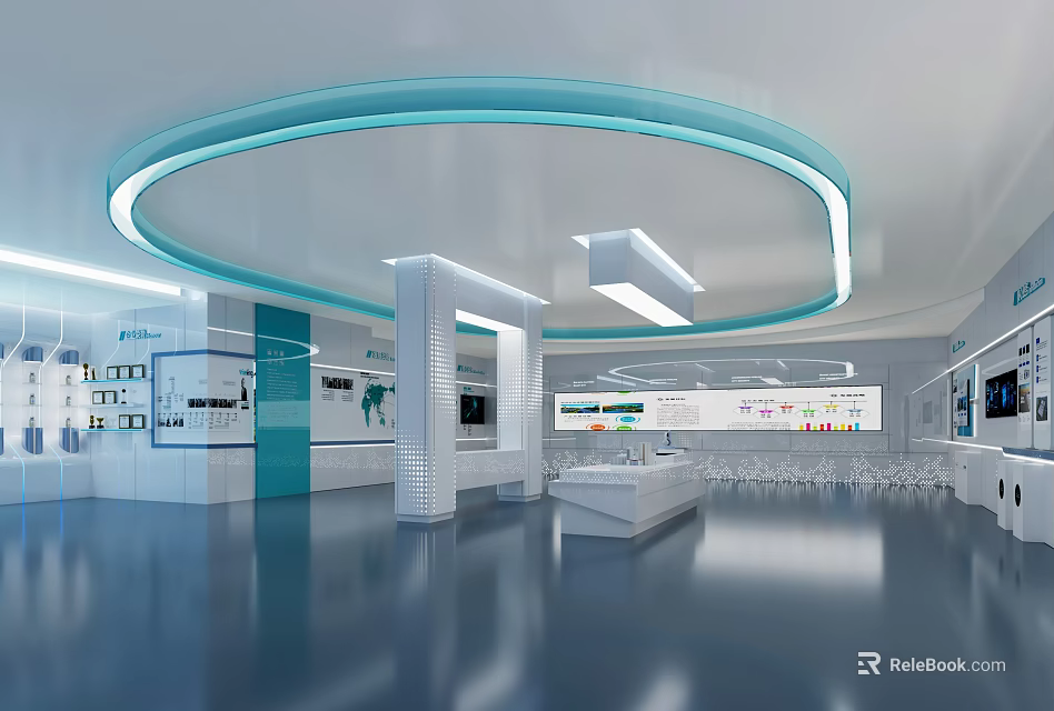 Modern Technology Exhibition Hall Interior With Digital Screens Interactive Counters And Lighting 3d model 