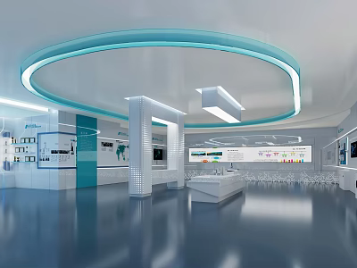 Modern Technology Exhibition Hall Interior With Digital Screens Interactive Counters And Lighting 3d model