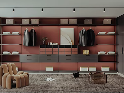 Elegant Walk-in Closet Interior Design With Hanging Clothes Drawers Shelves And Armchair 3d model