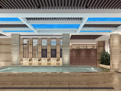 Modern Indoor Swimming Pool Interior With Blue Skylights Wooden Ceiling Lockers And Plants 3d model