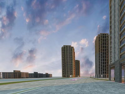 Modern High Rise Residential Buildings With Spacious Plaza and Cloudy Sky View 3d model