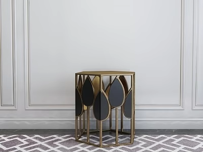 Elegant Side Table With Golden Metal Frame Black Leaf Shaped Panels On Geometric Pattern Rug 3d model