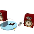 High Quality Red Audio Speakers with Blue Turntable and Connecting Wires for Home Music
