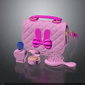 Cute Pink Quilted Handbag With Bunny Ear Bow And Cosmetic Items