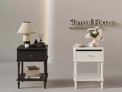 Black And White Modern Nightstands With Lamp Flowers And Decor Items 3d model