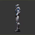 Futuristic Robot Character With Detailed Metallic Armor And Blue Glowing Elements