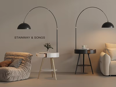 Modern Arched Floor Lamps With Black Shades And Side Tables In Living Room 3d model